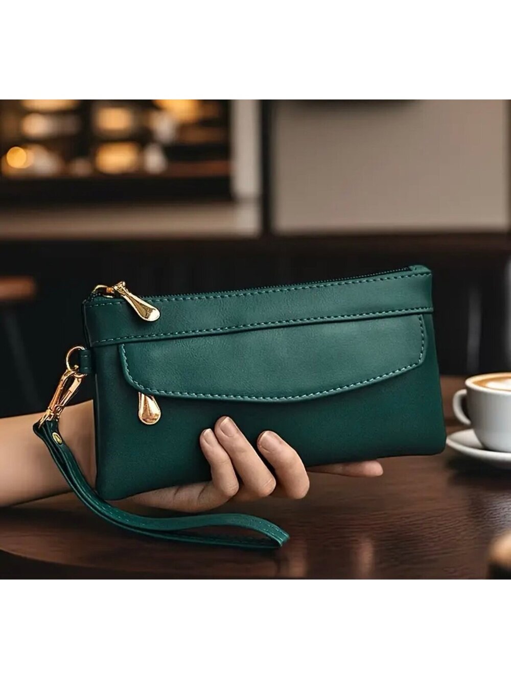 New -Trendy Faux Leather Double Zipper Crossbody Bag /Clutch Purse - Pine Green
